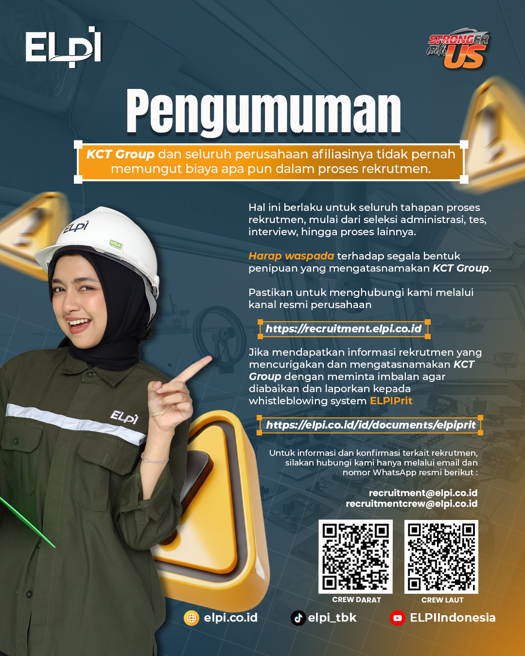 Pengumuman: KCT Group dan seluruh perusahaan afiliasinya tidak pernah memungut biaya apa pun dalam proses rekrutmen.